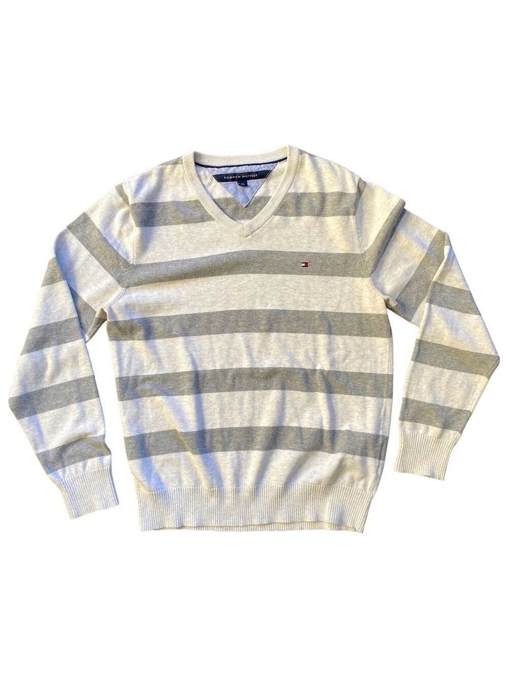 Tommy Hilfiger Gray Cream Striped V Neck Sweater Small
